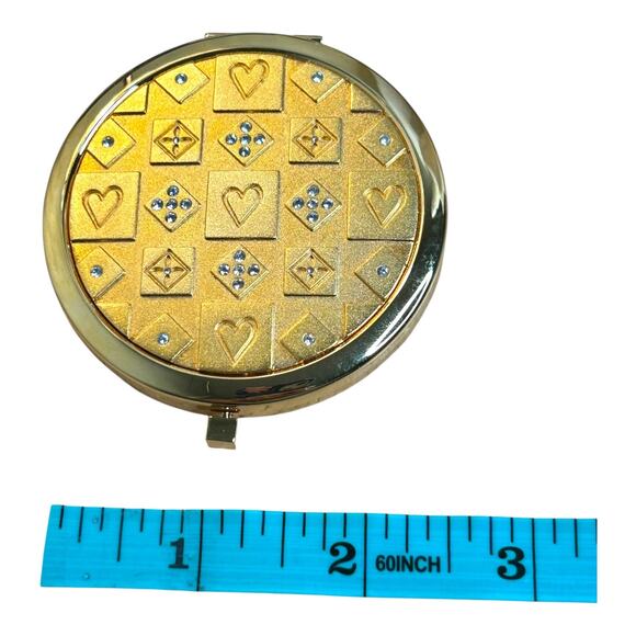 Neiman Marcus Gold Tone Hearts Rhinestone Accent Compact Mirror in Box - Picture 8 of 9